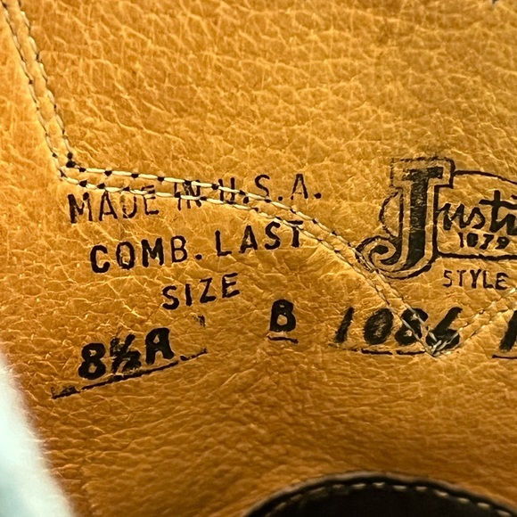 Vintage Justin Black Cowboy Boots Sz 8.5 Made in USA Registered Oil Resistant - Picture 15 of 16